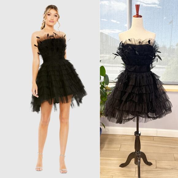 Mac Duggal Feathered Strapless Tulle Fit and Flare Dress 20529 Size 0 - Picture 1 of 9